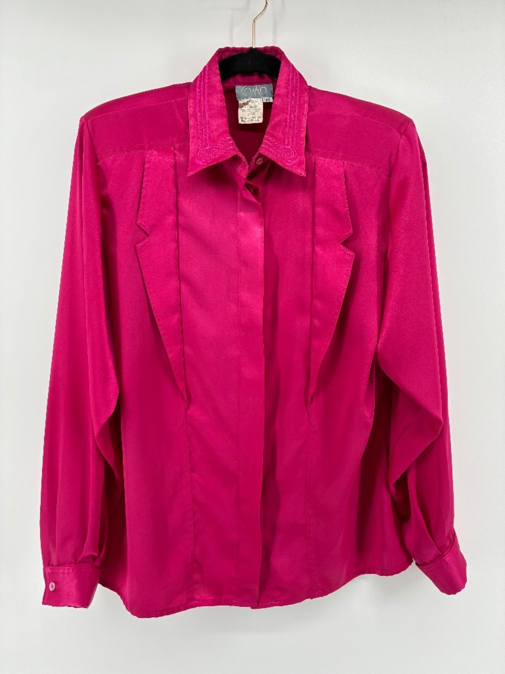Vintage Silky Feel Fuchsia Blouse Rose Embroidered Collar Lapel Details